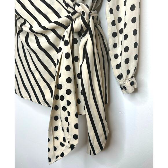 Zara Women’s cream black polka dot stripe wrap blouse size XS oversized - Picture 13 of 13